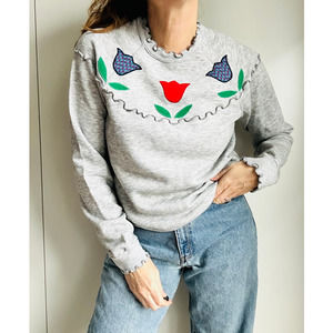 Vintage 80s Sweatshirt Tulips Lettuce Trim Grey Red Large Made in USA Granny